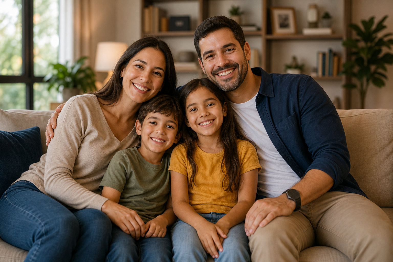 Família sorrindo no sofá